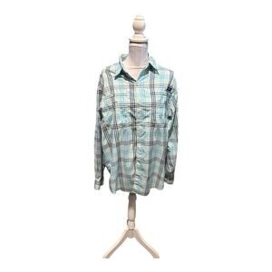 Columbia PFG Super Tamiami Fishing Teal Black Plaid  Vented Size M